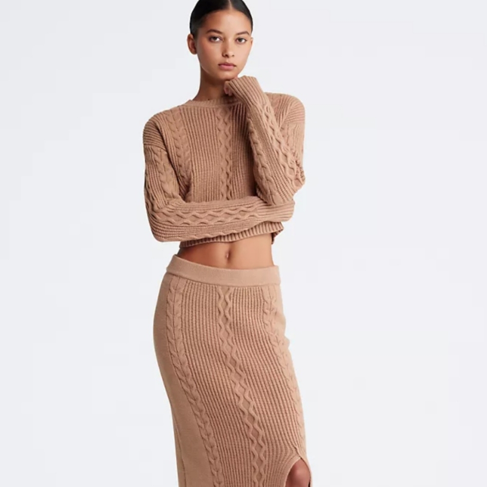 Calvin Klein Women's Cropped Cable-Knit Crewneck‎ Sweater Medium Camel Siren